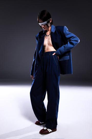 Navy Blue Woolen Pleated Trousers